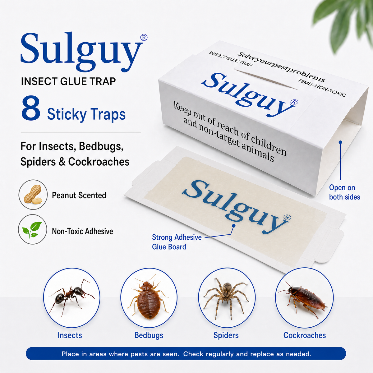 Sulguy Insect & Pest Glue Traps | Non-Toxic Sticky Boards for Bedbugs, Spiders & Cockroaches