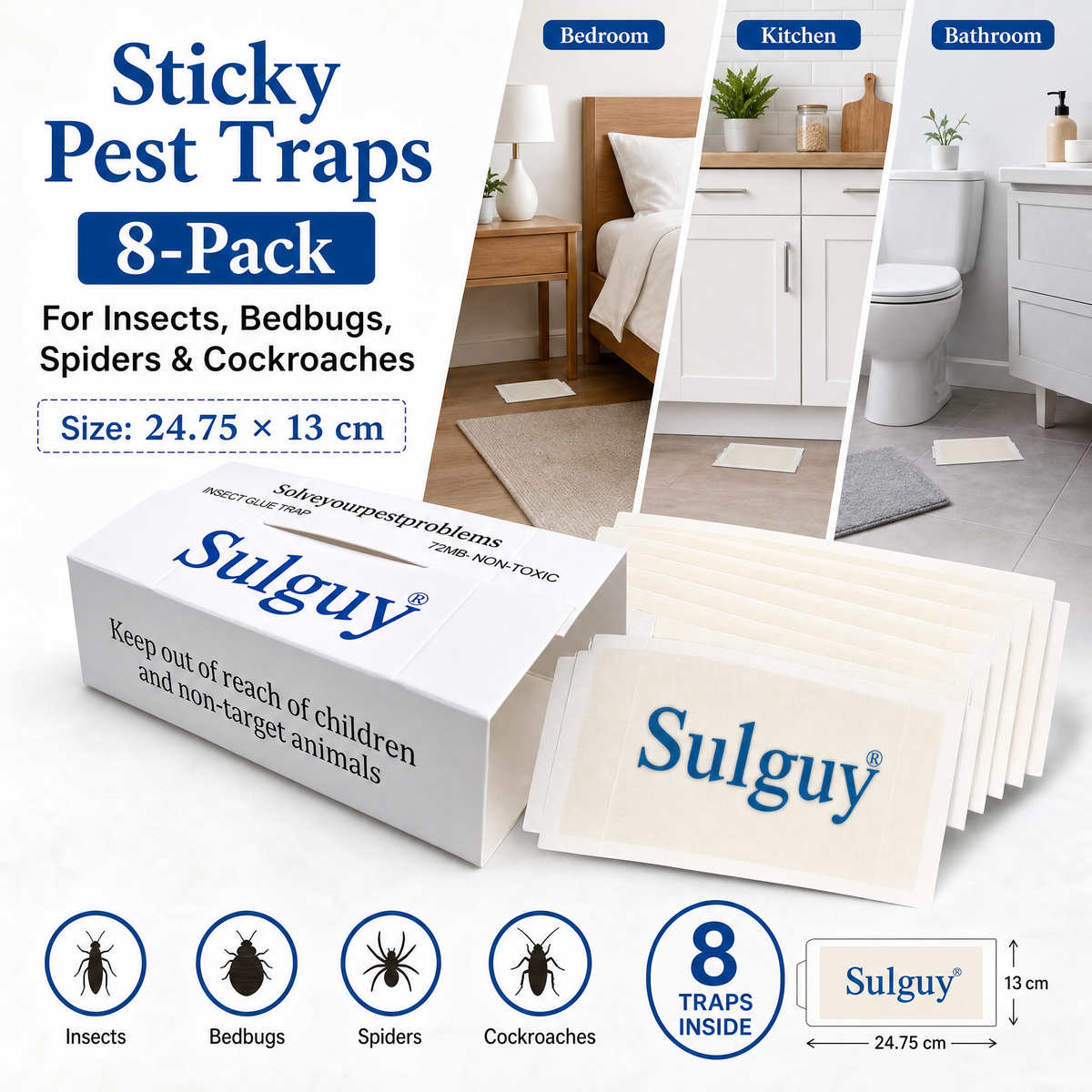 Sulguy Insect & Pest Glue Traps | Non-Toxic Sticky Boards for Bedbugs, Spiders & Cockroaches
